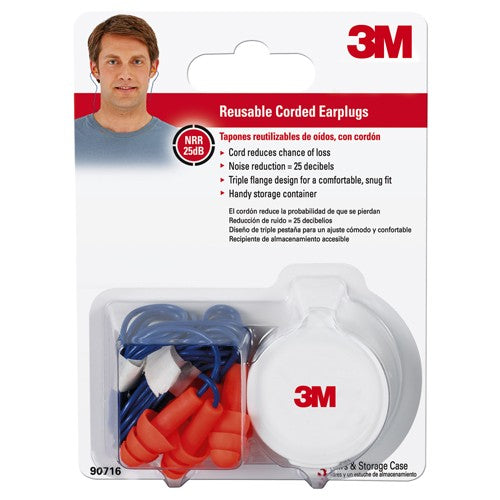 3M Corded Reusable Earplugs 90716H3-DC 3 pairs with case per pack 10 packs/case - Caliber Tooling