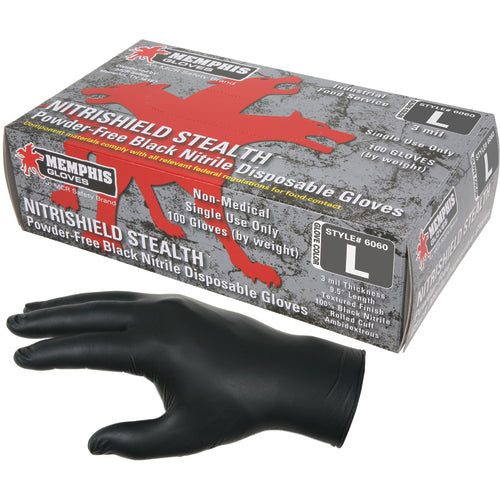 NitriSheild Stealth Gloves - 3 mil Black Nitrile - Industrial/Food Grade - Powder Free - Box of 100 - Size X-Large - Caliber Tooling