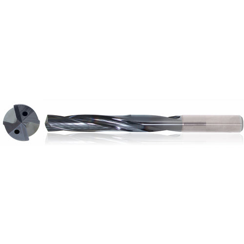 3/8″ Dia. × 10 mm Shank × 61 mm Flute Length × 103 mm OAL, 5xD, TiAlN, 2 Flute, Coolant Thru, h6, Cylindrical, Solid Carbide Drill Series/List #5614 - Exact Industrial Supply