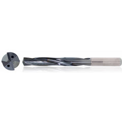 11/32″ Dia. × 10 mm Shank × 61 mm Flute Length × 103 mm OAL, 5xD, TiAlN, 2 Flute, Coolant Thru, h6, Cylindrical, Solid Carbide Drill Series/List #5614 - Exact Industrial Supply